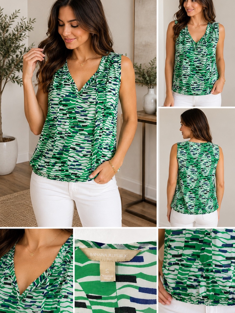 Banana Republic Green Multi-Pattern Sleeveless V-Neck Top